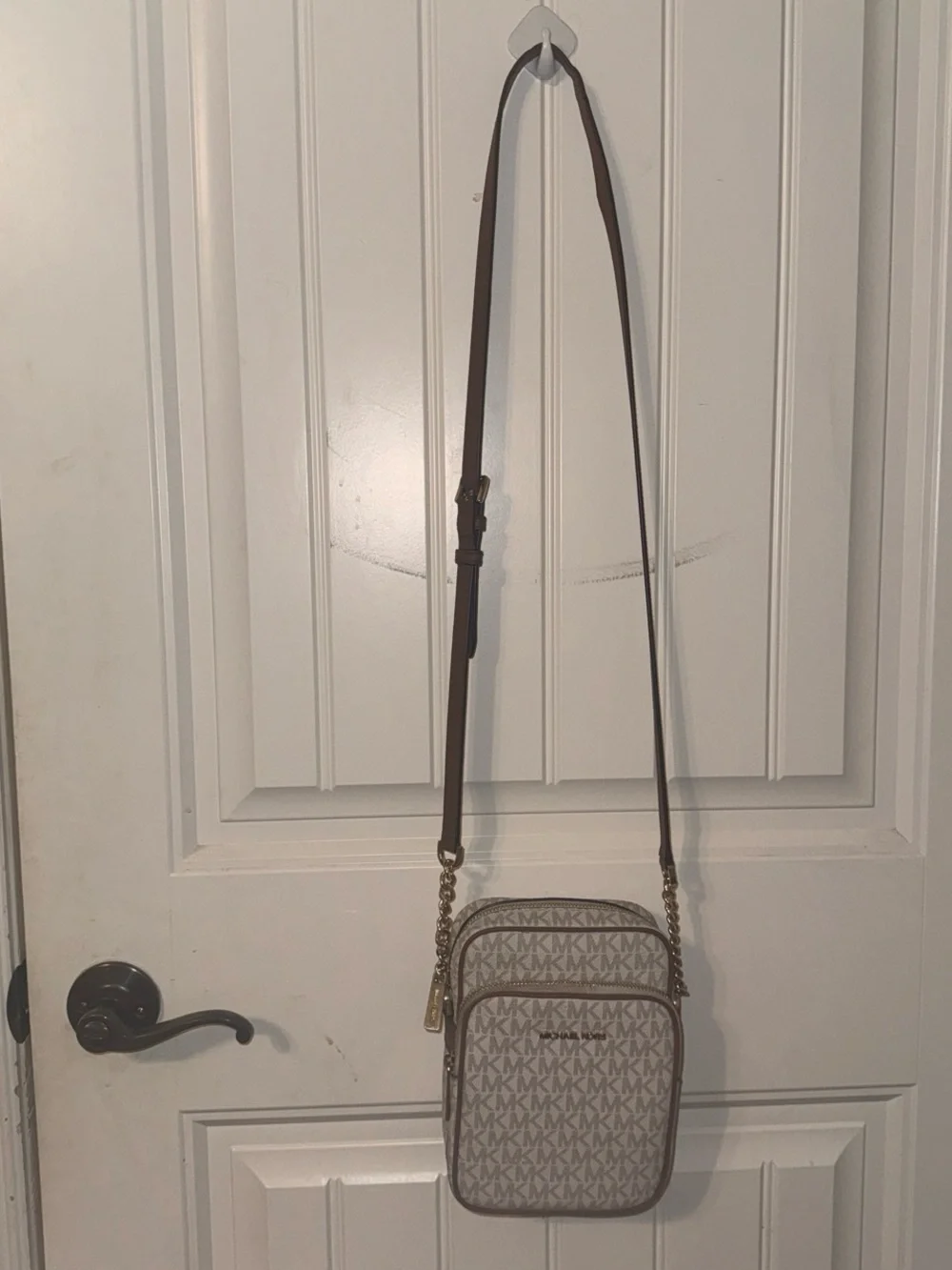 Michael Kors Cream Logo Crossbody Bag with Brown Trim
